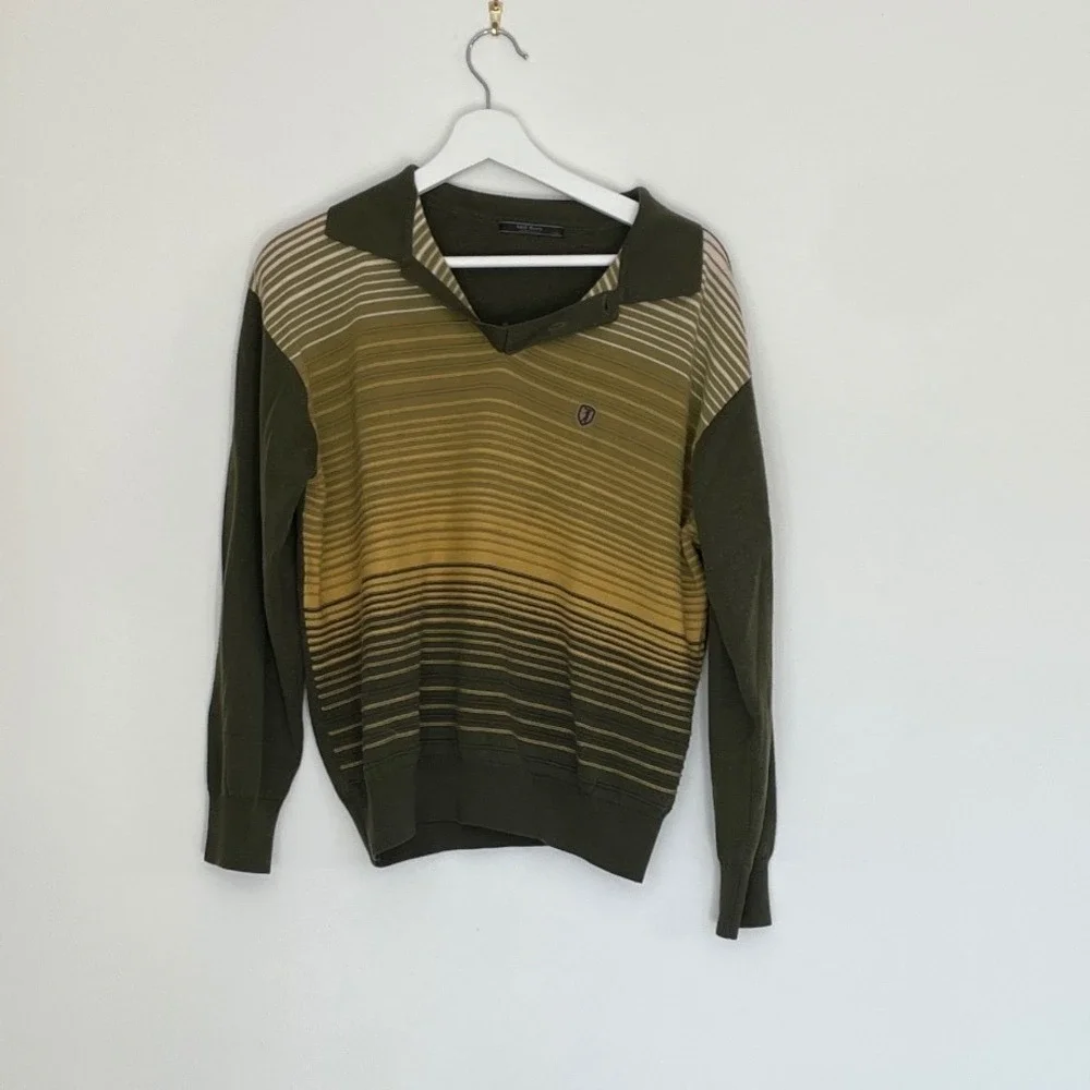 Mil Ford Sports & Golf Mens Long Sleeve Polo Sweater Olive Green Striped‎